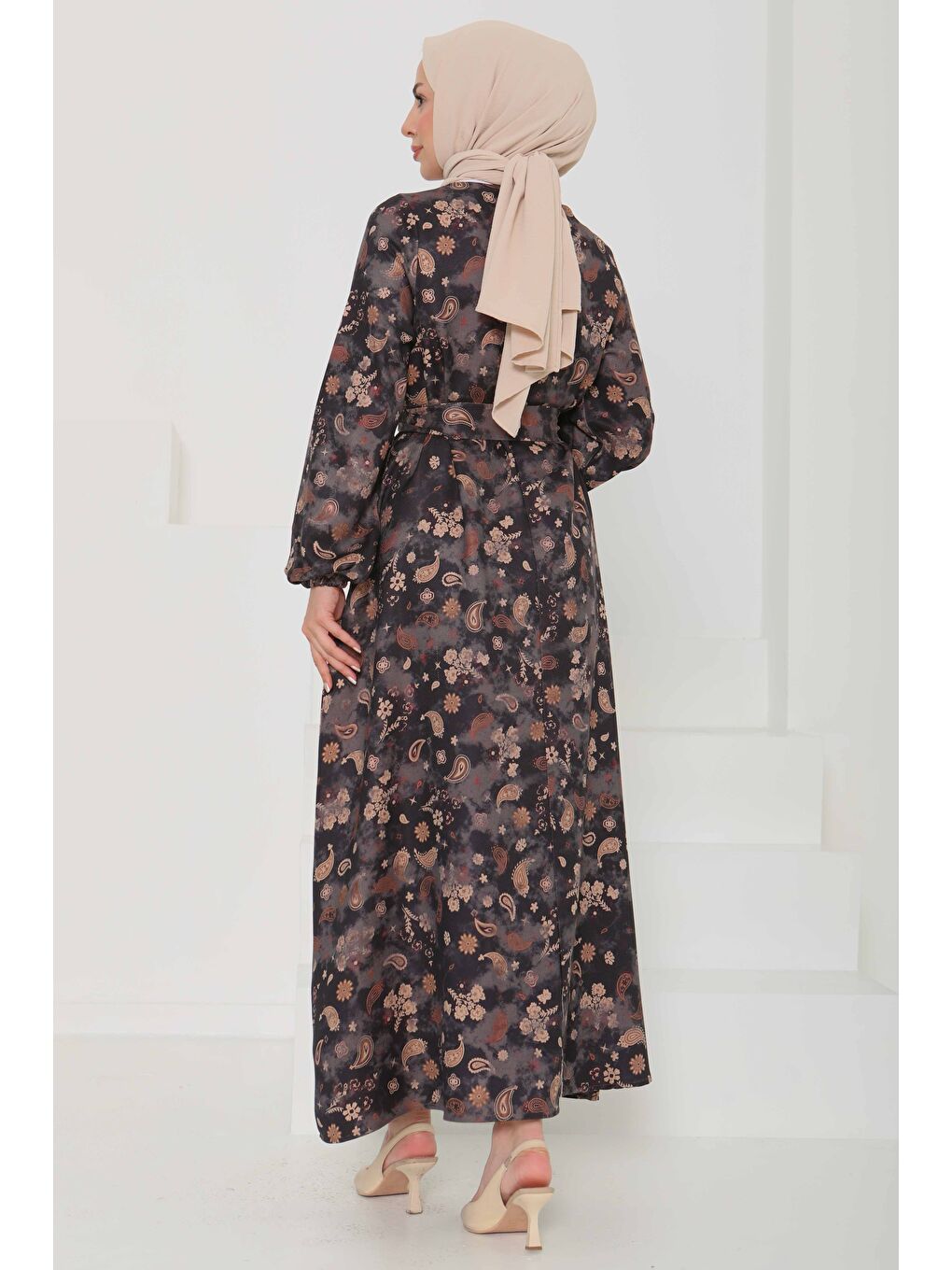 Desenli Kuşaklı Elbise Siyah - 27101-5