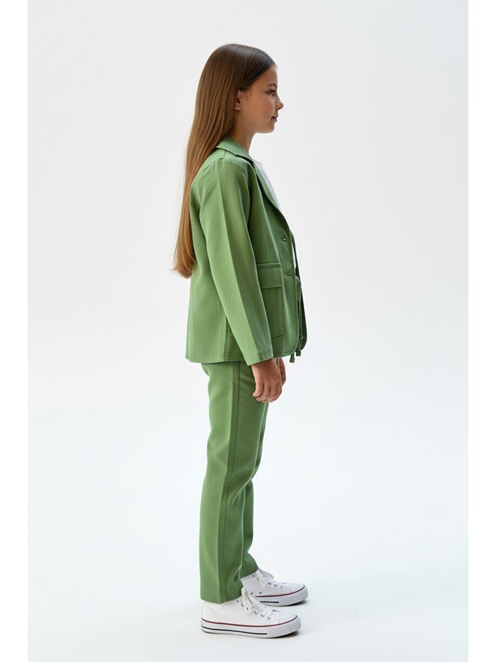 Yeşil Kız Çocuk 3’lü Takım Klasik Blazer Ceket - Bisiklet Yaka T-shırt - Pantolon-1