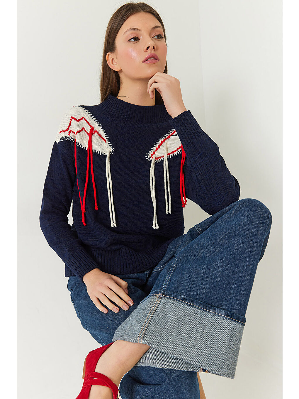 Lacivert Kadın Omzu Saçaklı Triko Kazak