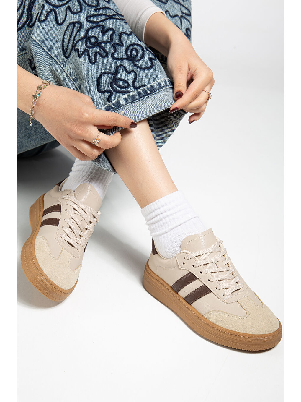 Kadın Bej Kahve Kadın Rahat Kalıp Yumuşak Deri Sneaker-3