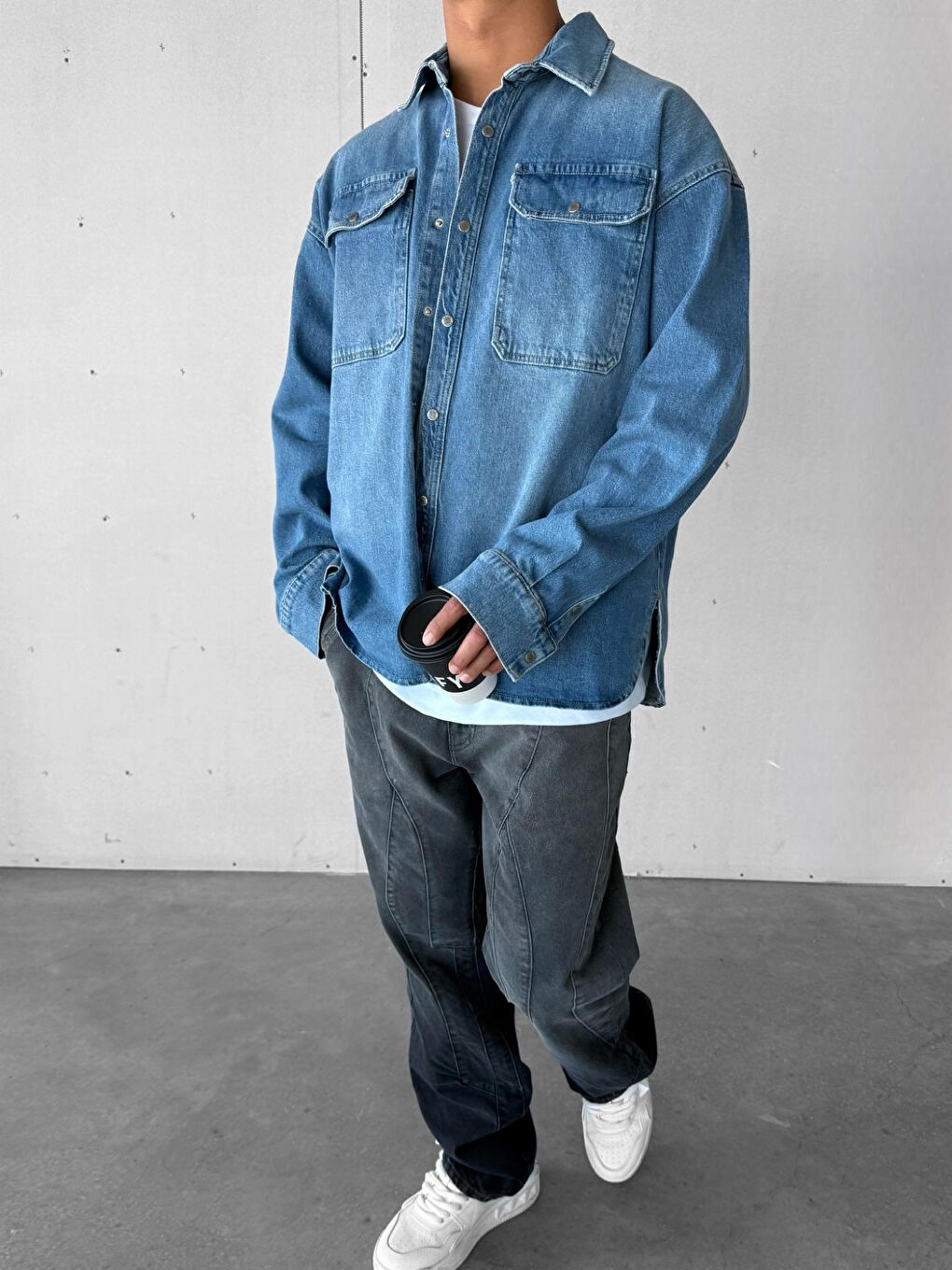 Erkek Oversize Önü Cepli Premium Denim Gömlek Mavi-1