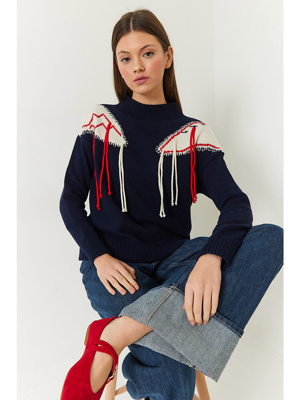 Lacivert Kadın Omzu Saçaklı Triko Kazak-1