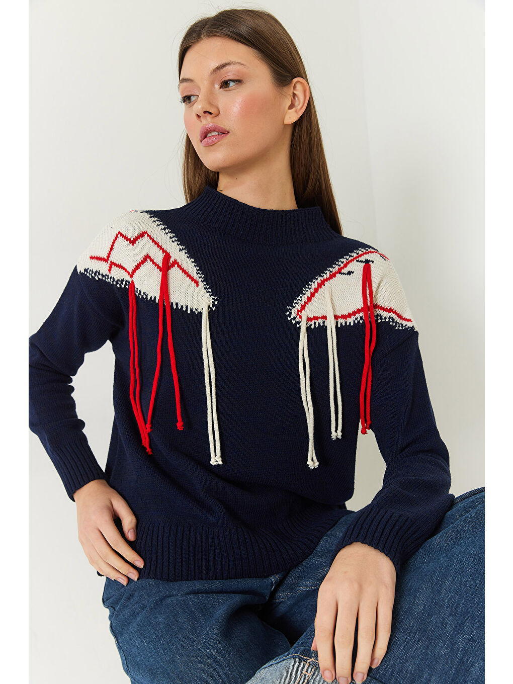 Lacivert Kadın Omzu Saçaklı Triko Kazak-2