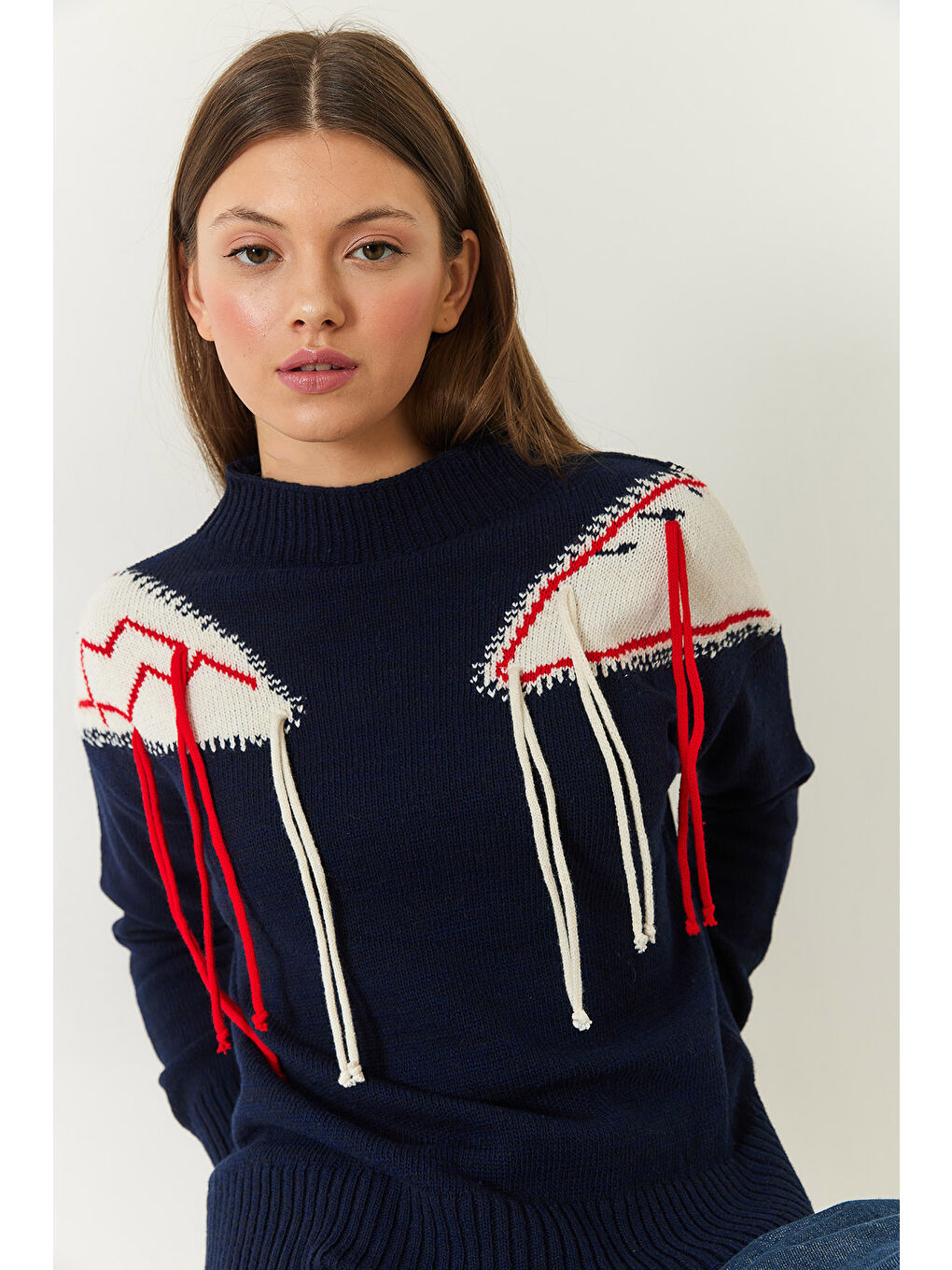 Lacivert Kadın Omzu Saçaklı Triko Kazak-3