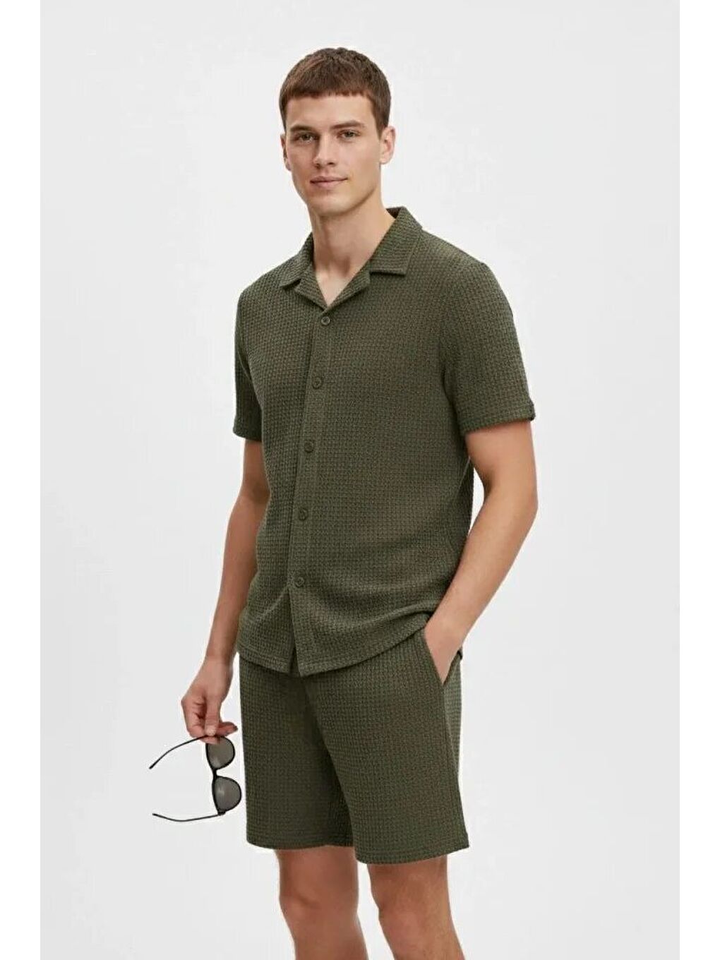 Erkek Waffle Kumaş Kısa Kollu Gömlek Şort Takım Regular Fit Yazlık İkili Set - Haki-1