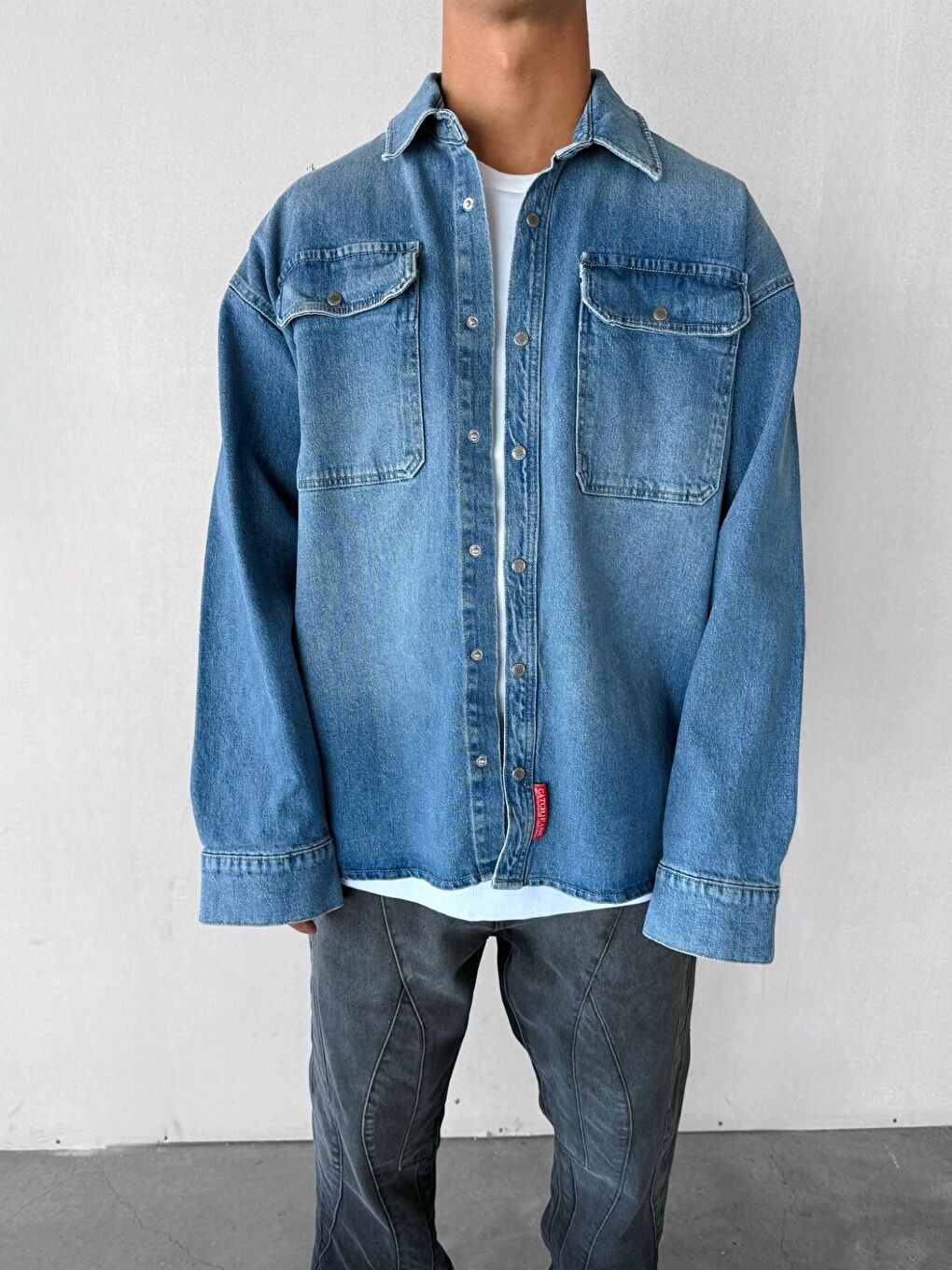 Erkek Oversize Önü Cepli Premium Denim Gömlek Mavi-2
