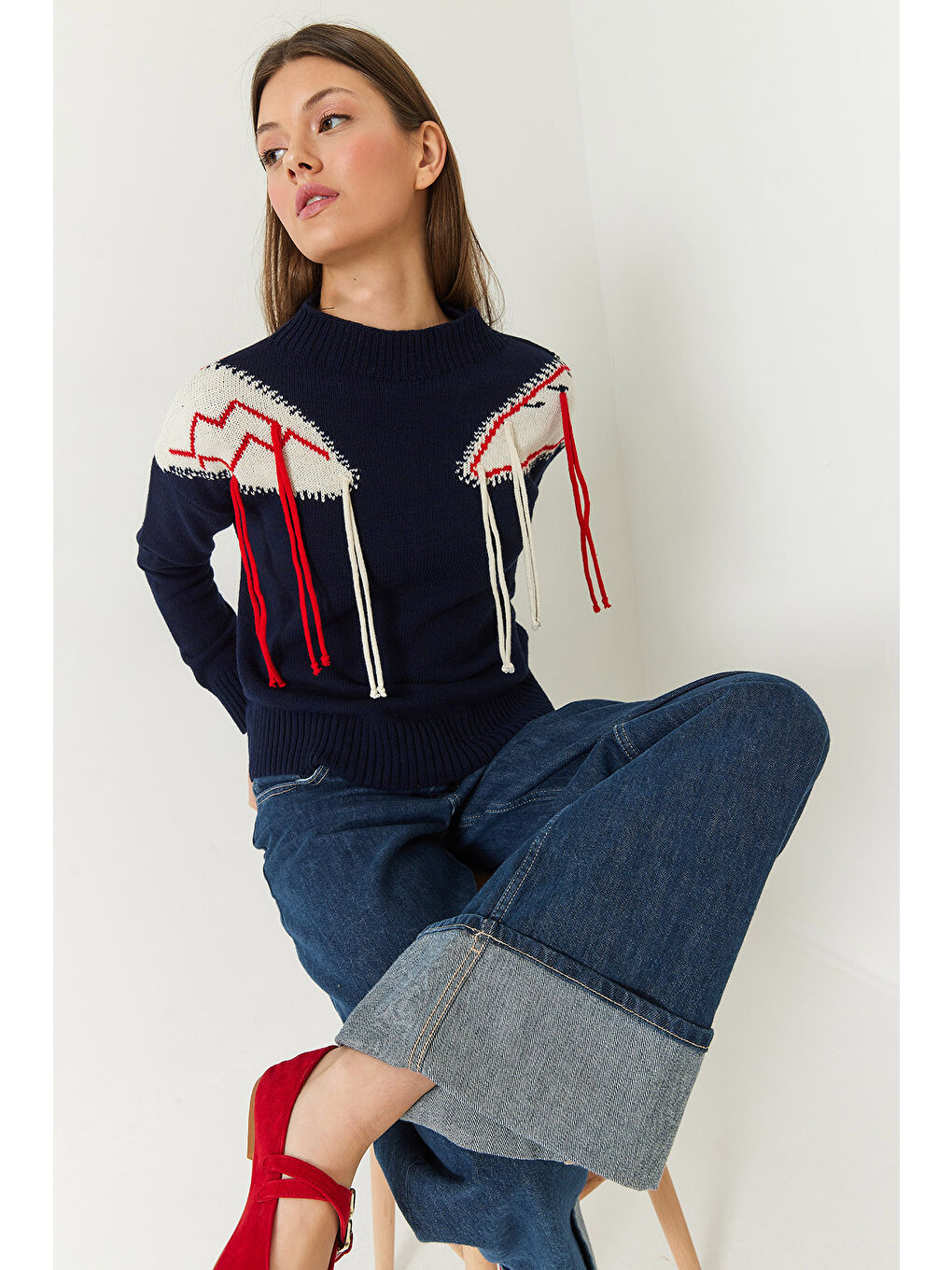 Lacivert Kadın Omzu Saçaklı Triko Kazak-4