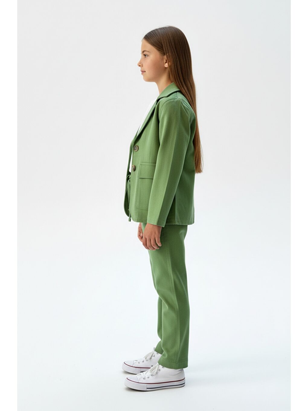 Yeşil Kız Çocuk 3’lü Takım Klasik Blazer Ceket - Bisiklet Yaka T-shırt - Pantolon-2