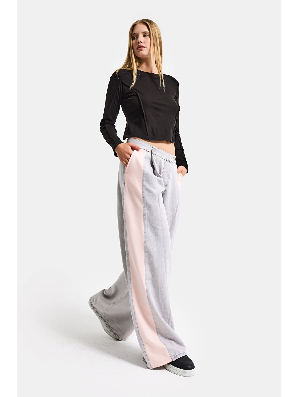 Kadın Gri Pembe 3s6-12 Palazzo Fit Çift Parça Özel Tasarım Denim Jean-6