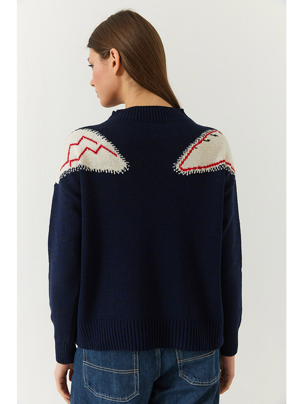 Lacivert Kadın Omzu Saçaklı Triko Kazak-5