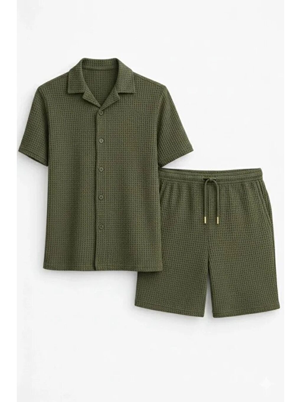 Erkek Waffle Kumaş Kısa Kollu Gömlek Şort Takım Regular Fit Yazlık İkili Set - Haki-2