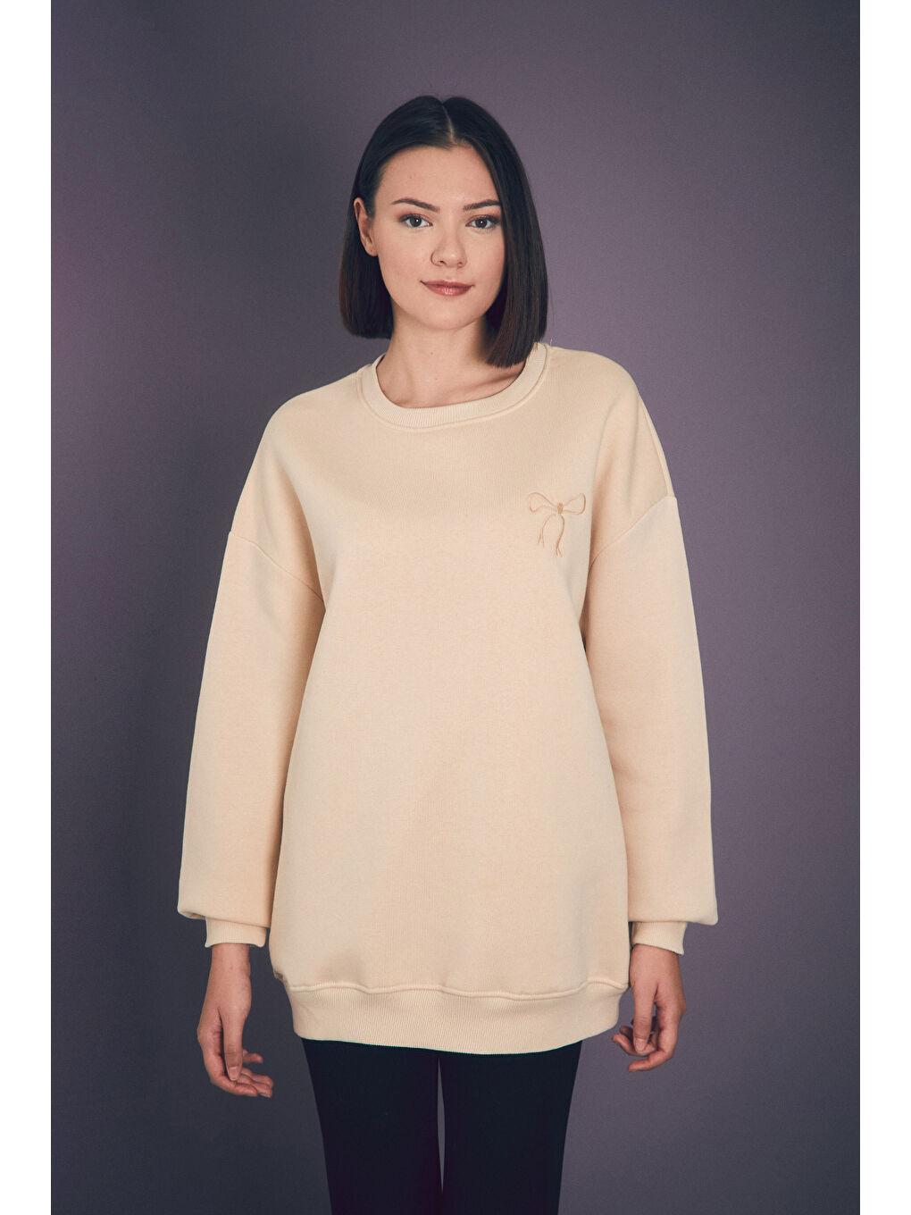 Fullamoda Bej Basic Bisiklet Yaka Oversize Sweatshirt