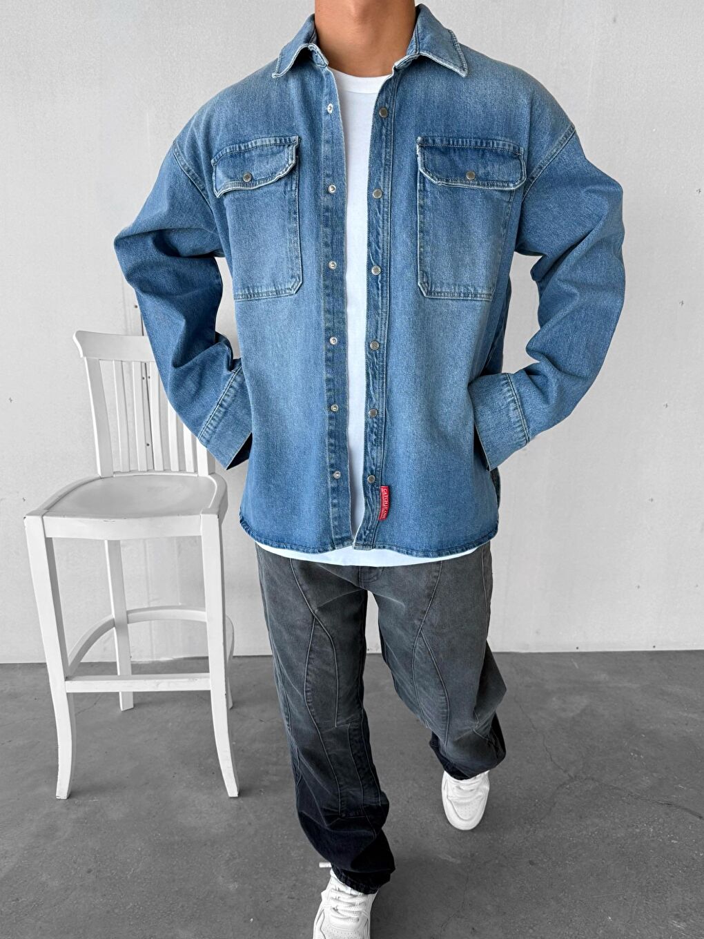 Erkek Oversize Önü Cepli Premium Denim Gömlek Mavi-4