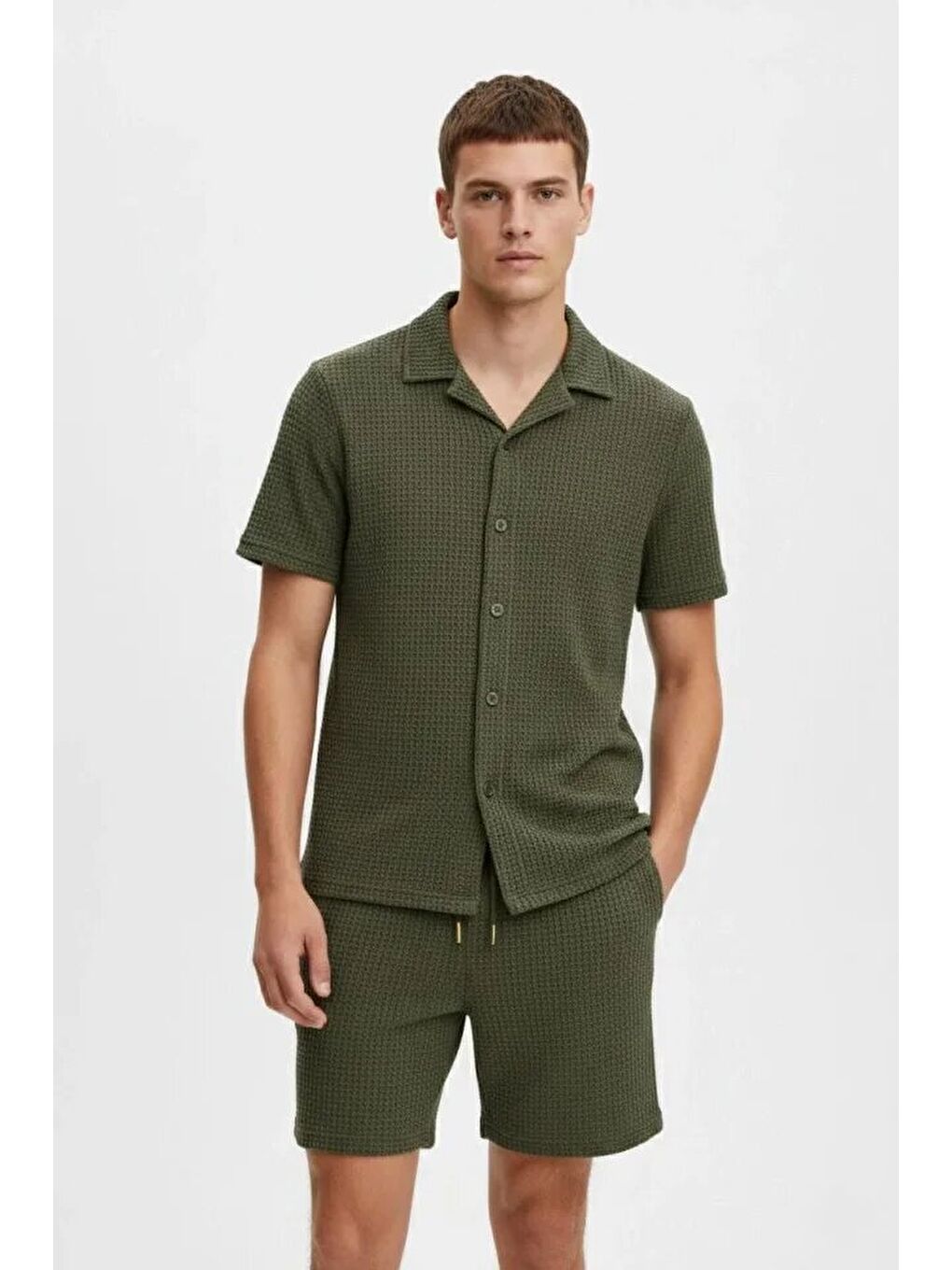 Erkek Waffle Kumaş Kısa Kollu Gömlek Şort Takım Regular Fit Yazlık İkili Set - Haki-3
