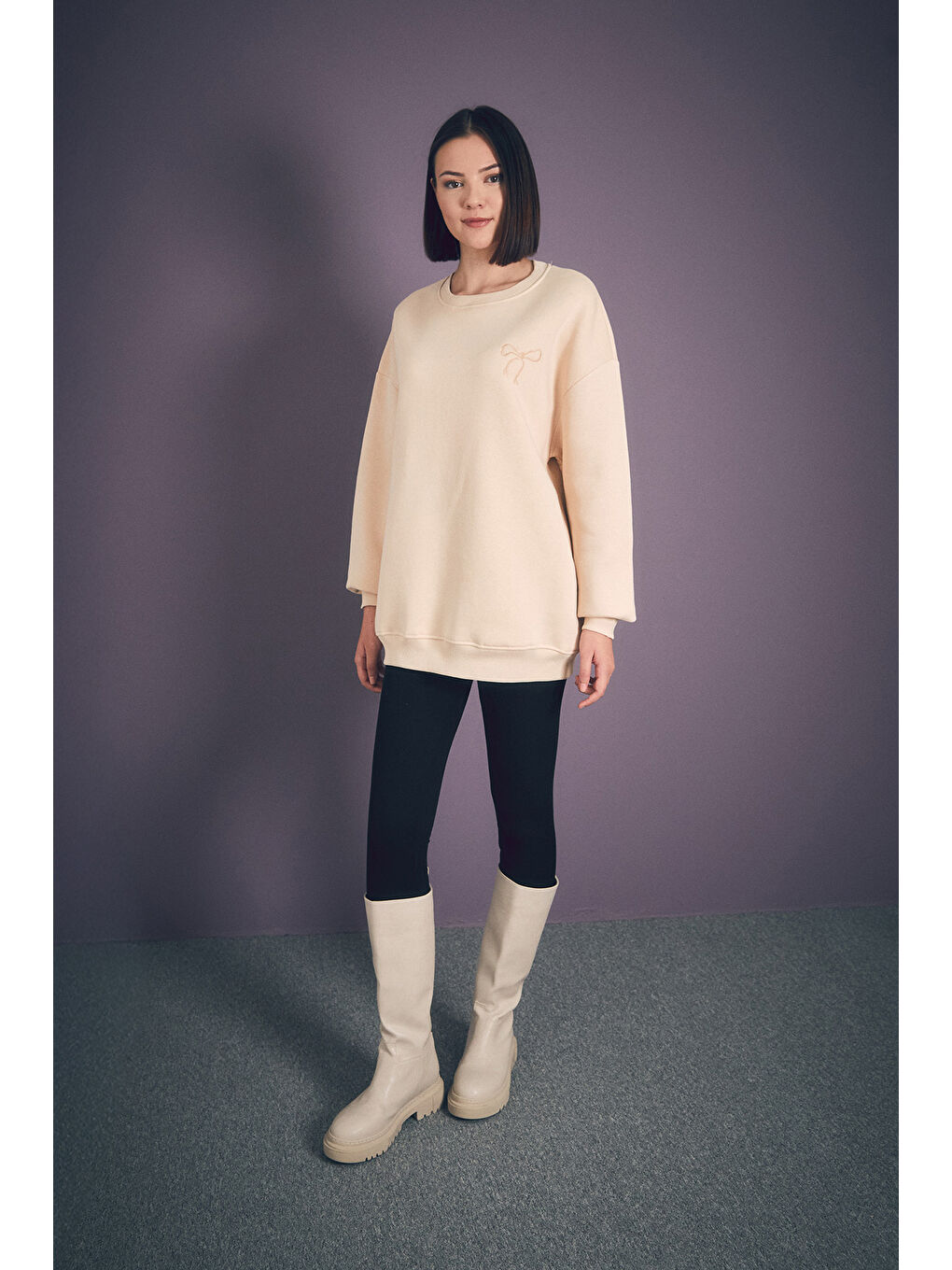 Fullamoda Bej Basic Bisiklet Yaka Oversize Sweatshirt - 1