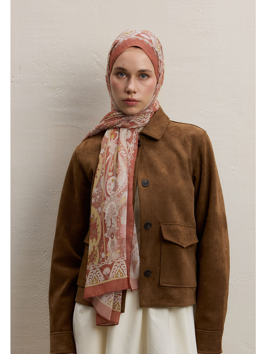 Kahverengi Verona Desen İpek Krep Şal Kiremit-2