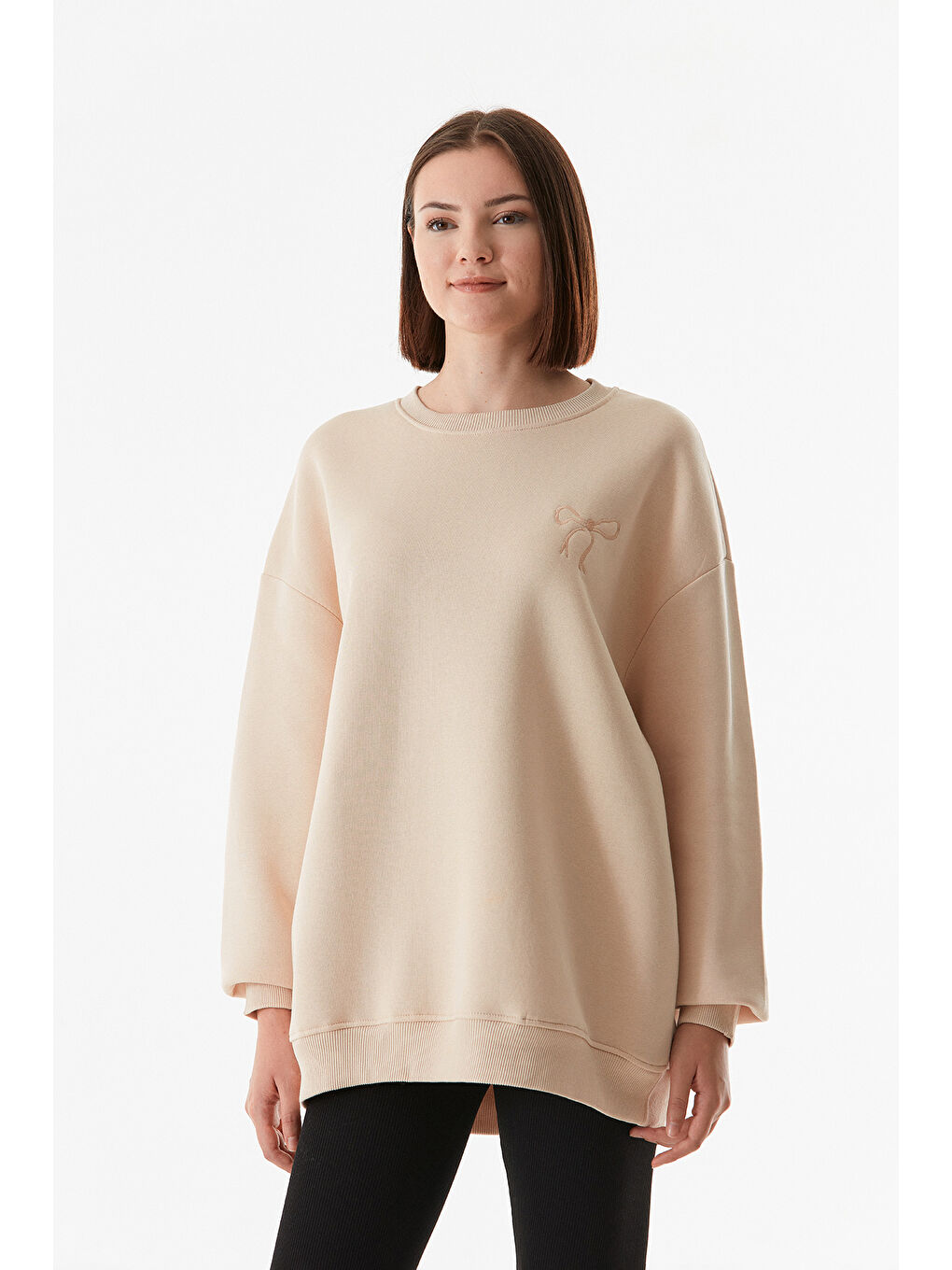 Fullamoda Bej Basic Bisiklet Yaka Oversize Sweatshirt - 2