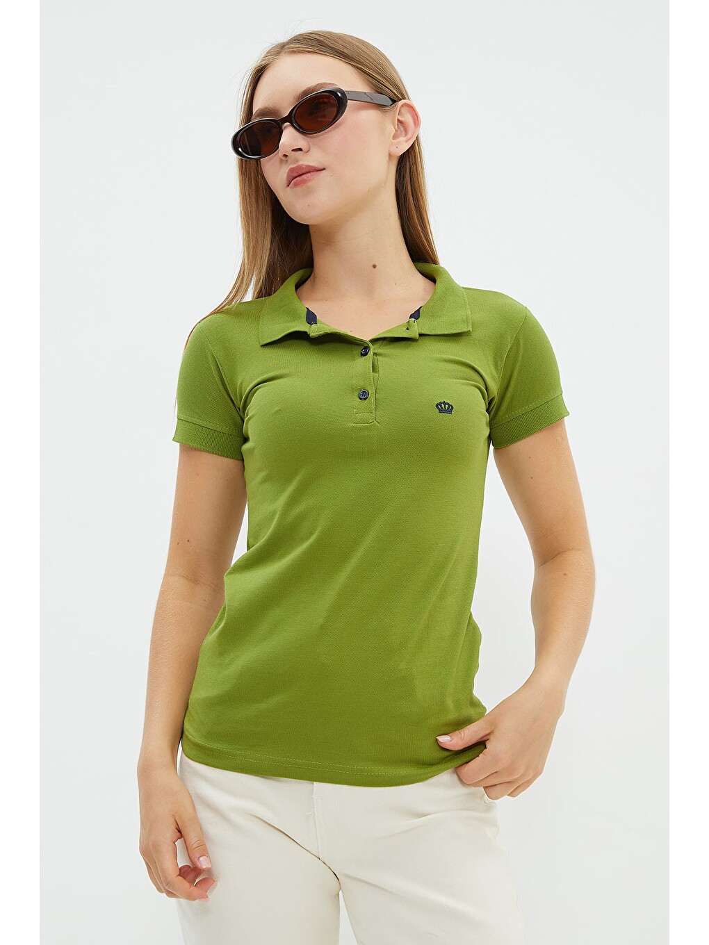 Yeşil Nakışlı Polo Yaka Slim Fit Tişört-1