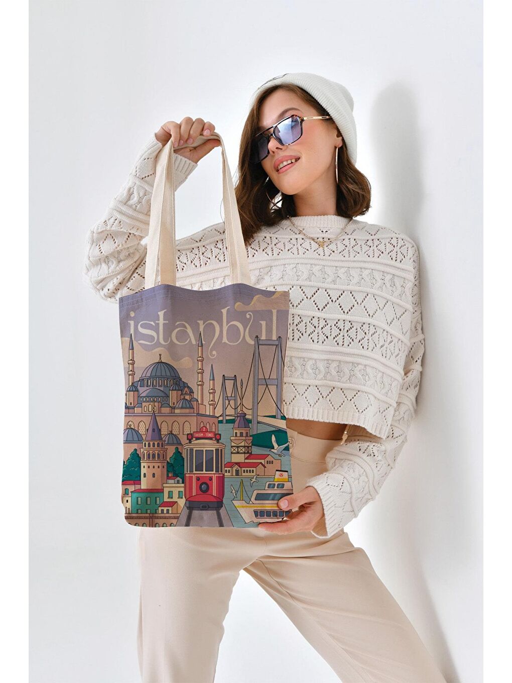 Ekru Kanvas Lila İstanbul Baskılı Bez Çanta-1