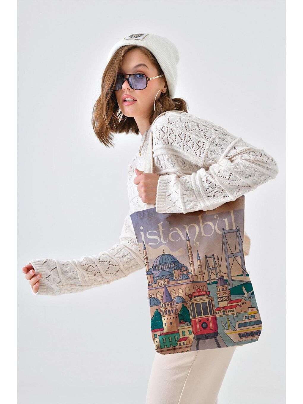 Ekru Kanvas Lila İstanbul Baskılı Bez Çanta-2