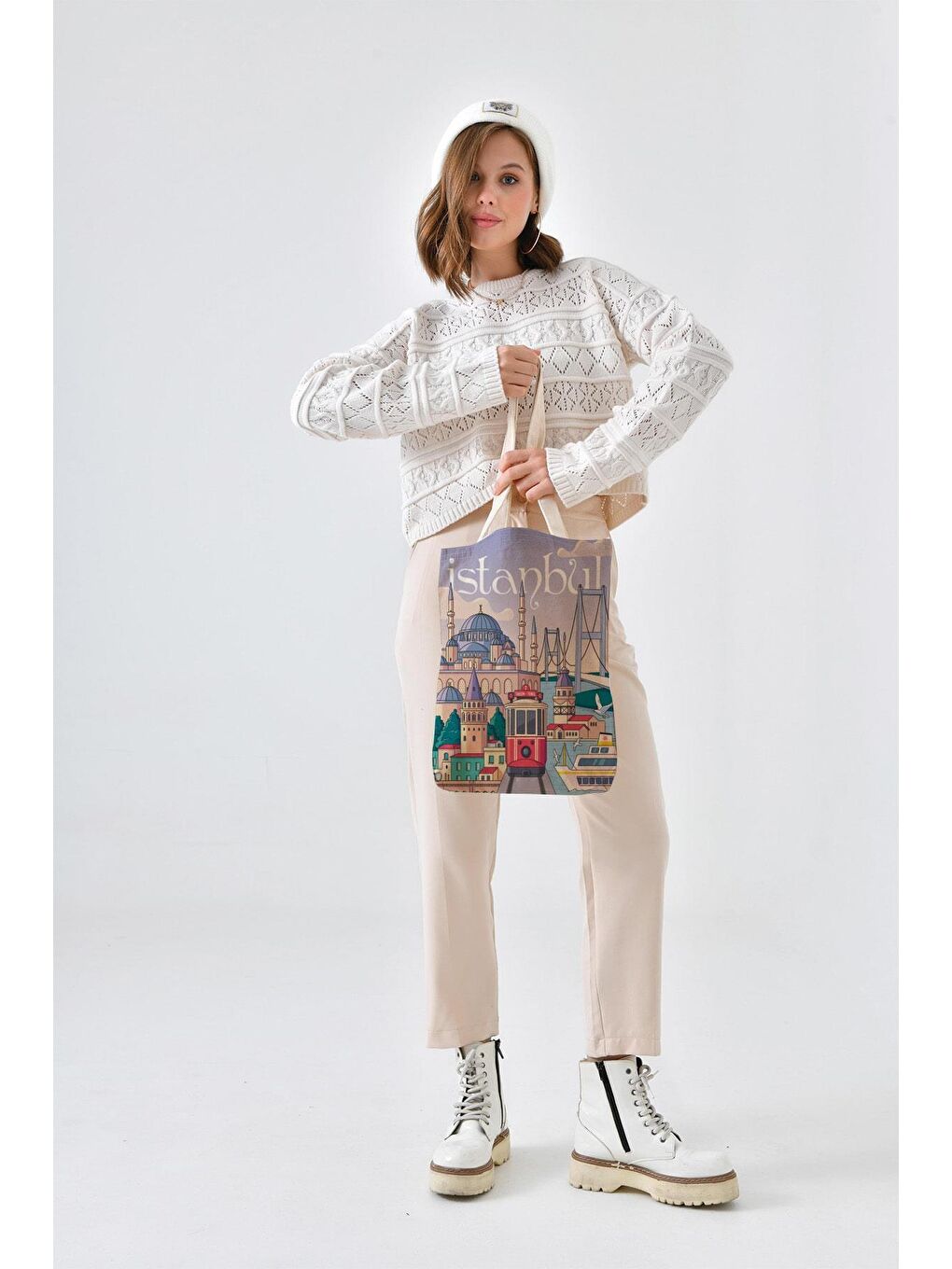 Ekru Kanvas Lila İstanbul Baskılı Bez Çanta-4