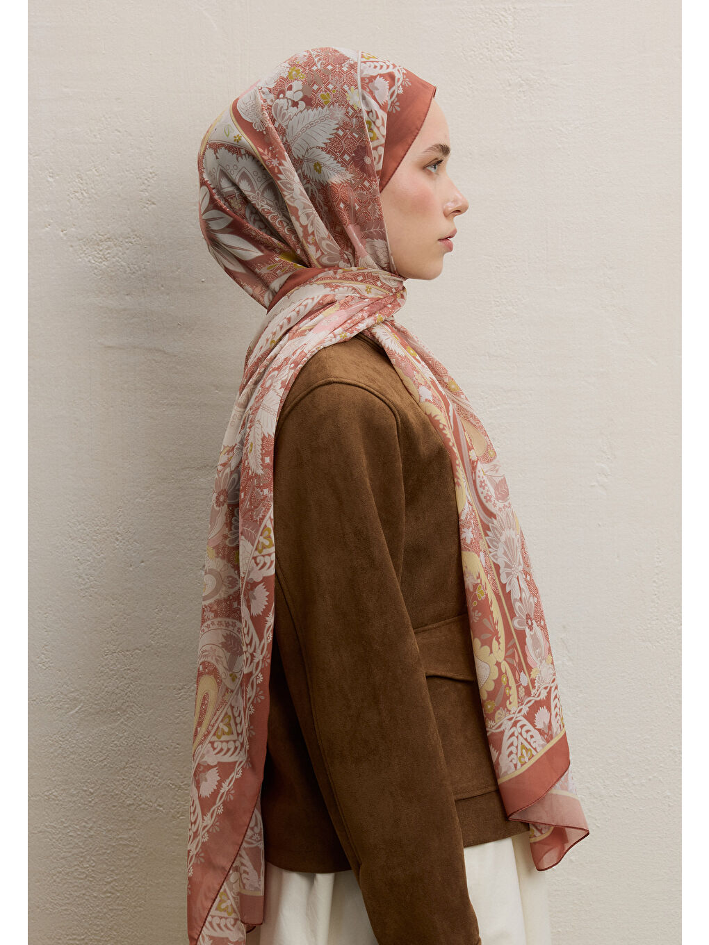 Kahverengi Verona Desen İpek Krep Şal Kiremit-3