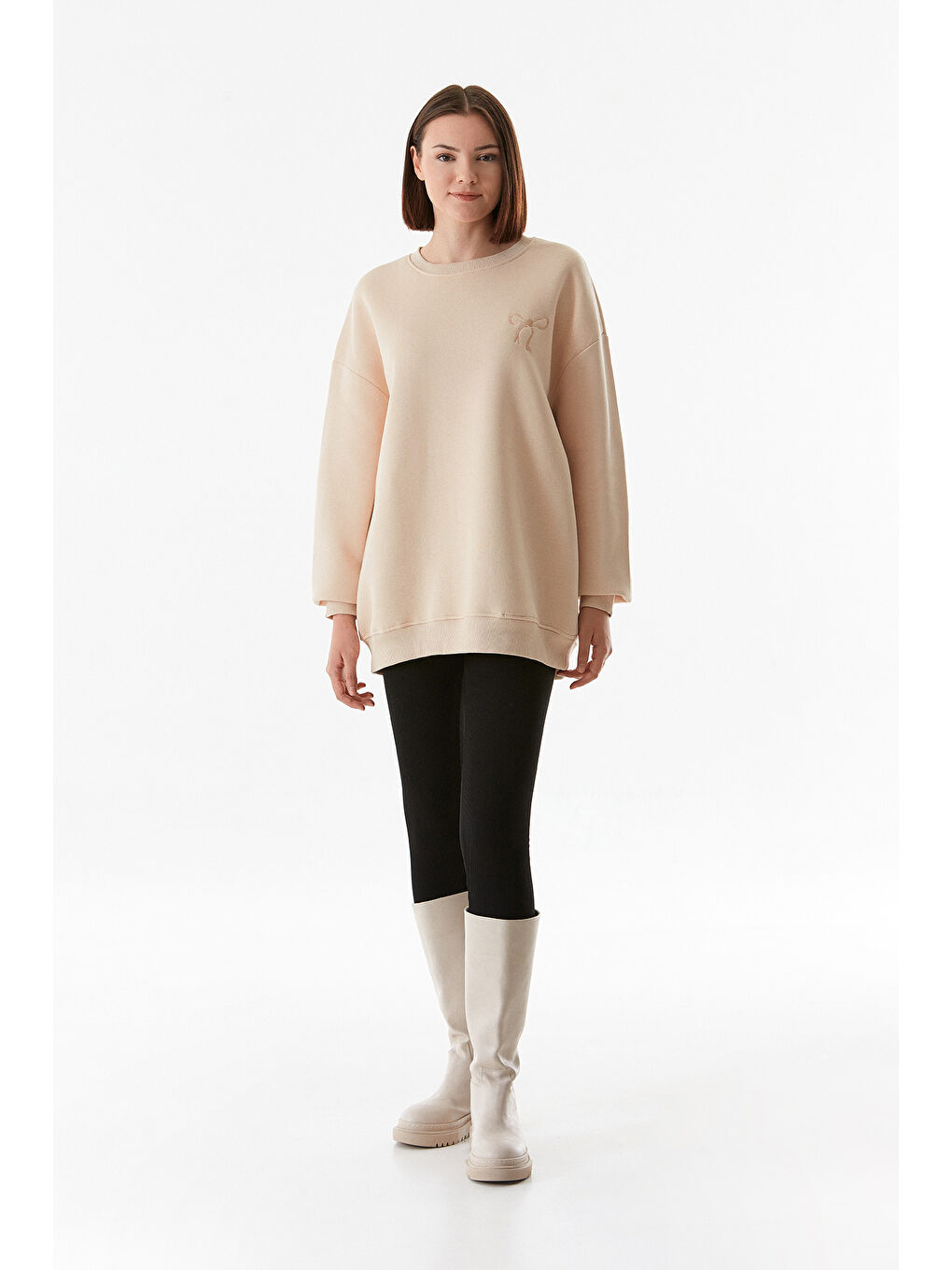 Fullamoda Bej Basic Bisiklet Yaka Oversize Sweatshirt - 3