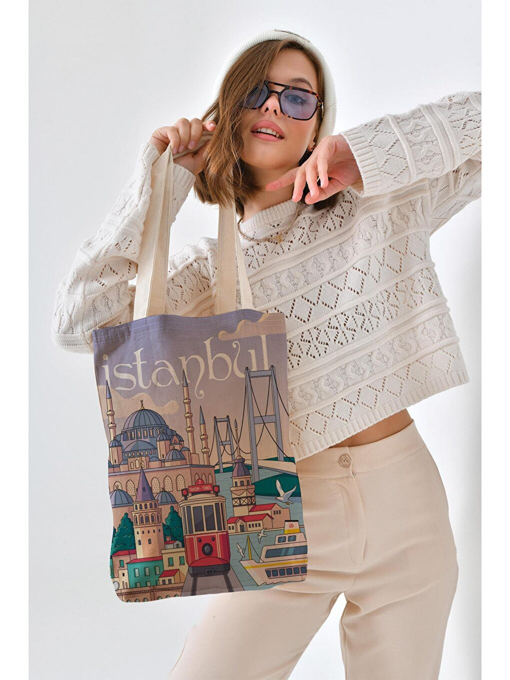 Ekru Kanvas Lila İstanbul Baskılı Bez Çanta-7