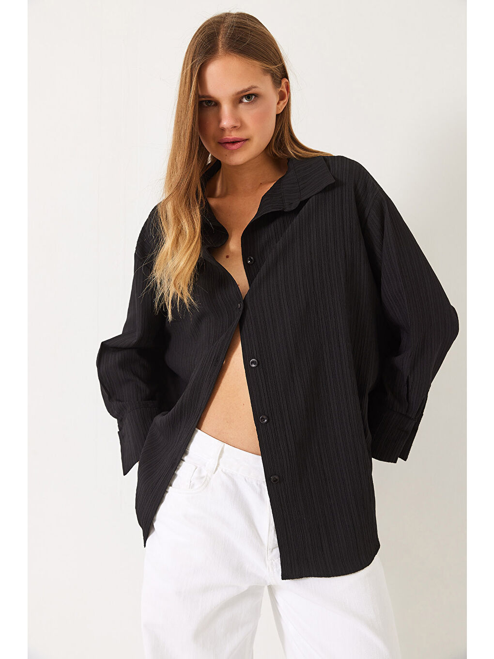 Siyah Kadın Düşük Omuz Oversize Basic Bürümcük Gömlek-2