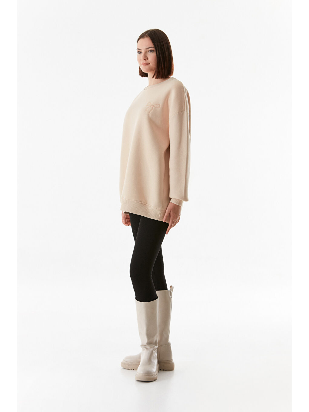 Fullamoda Bej Basic Bisiklet Yaka Oversize Sweatshirt - 4