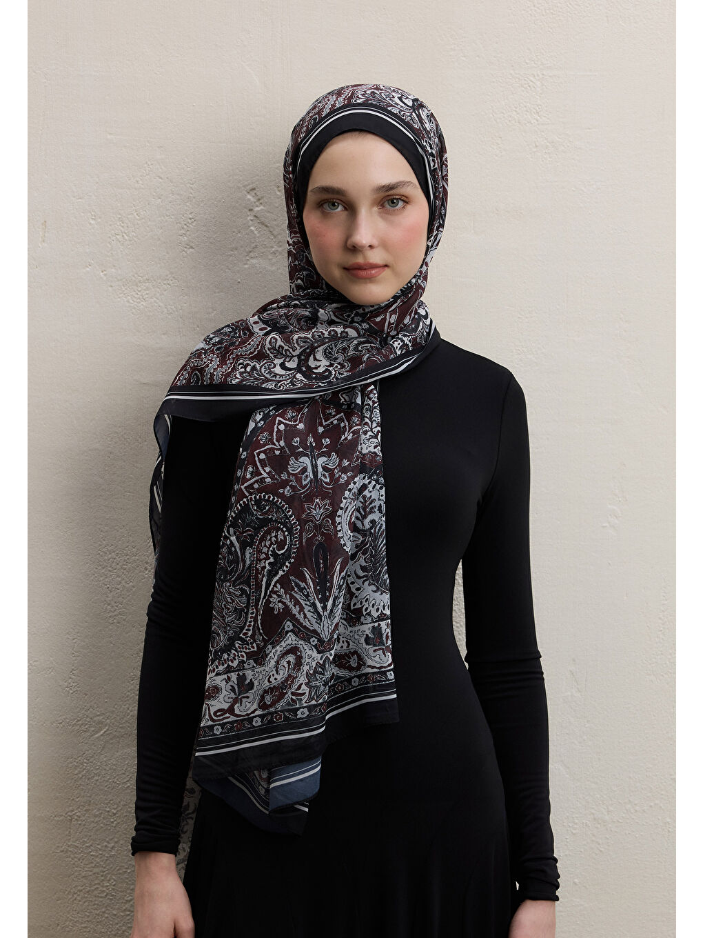 Dark Bohemy Desen İpek Krep Şal Bordo-1