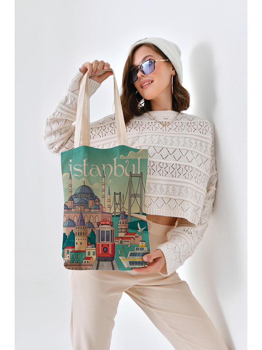 Ekru Kanvas Turkuaz İstanbul Baskılı Bez Çanta-1