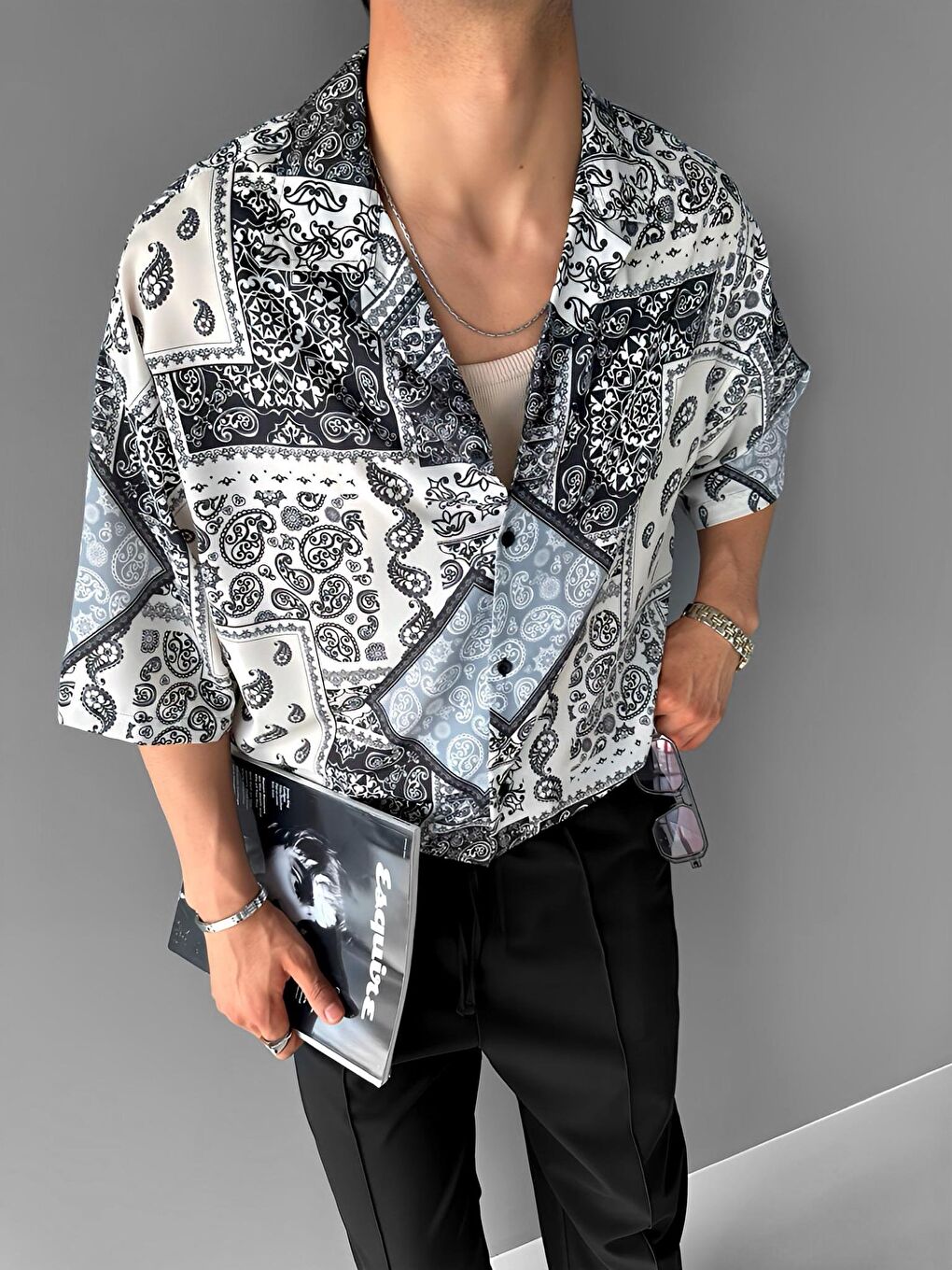 Erkek Oversize Motifli Küba Yaka Kısa Kol Gömlek Haki Yeşil