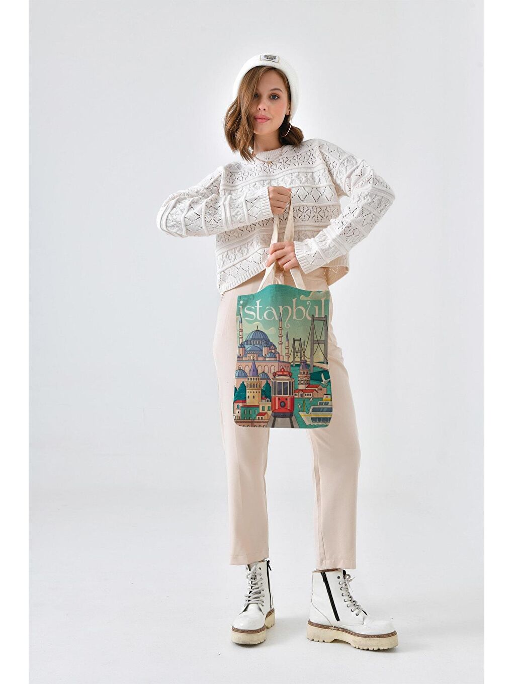 Ekru Kanvas Turkuaz İstanbul Baskılı Bez Çanta-4