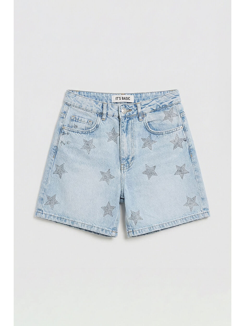 Mavi Kadın Jean Rengi T-4s6-3 Mom Fit Midi Boy Parlak Yıldız Taşlı Özel Tasarım Denim Şort-2