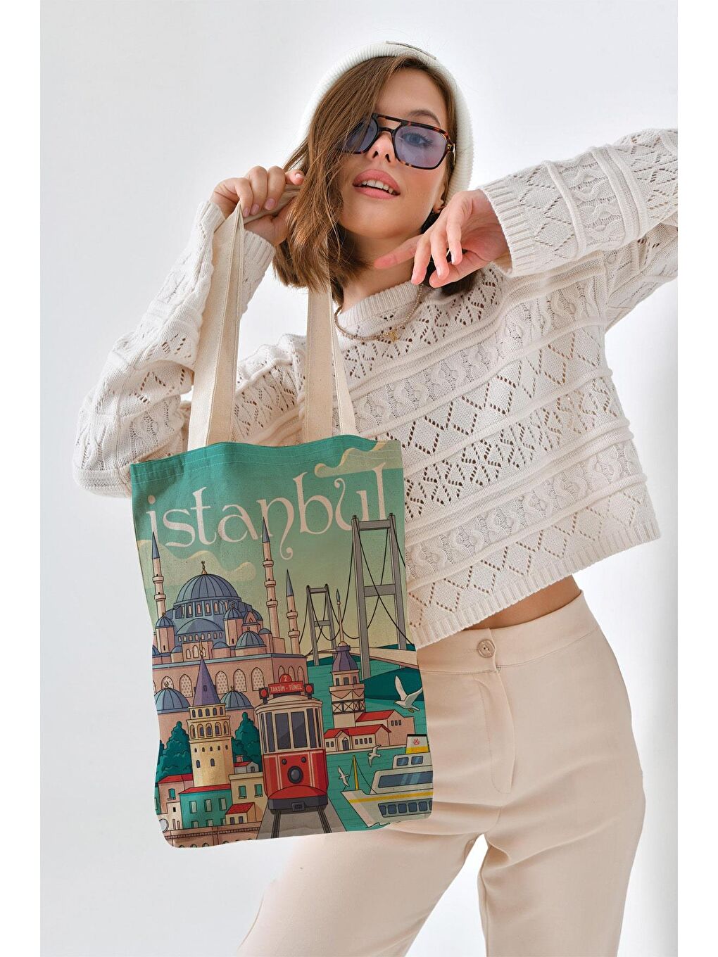 Ekru Kanvas Turkuaz İstanbul Baskılı Bez Çanta-7