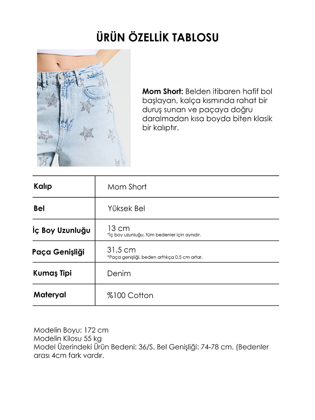 Mavi Kadın Jean Rengi T-4s6-3 Mom Fit Midi Boy Parlak Yıldız Taşlı Özel Tasarım Denim Şort-4
