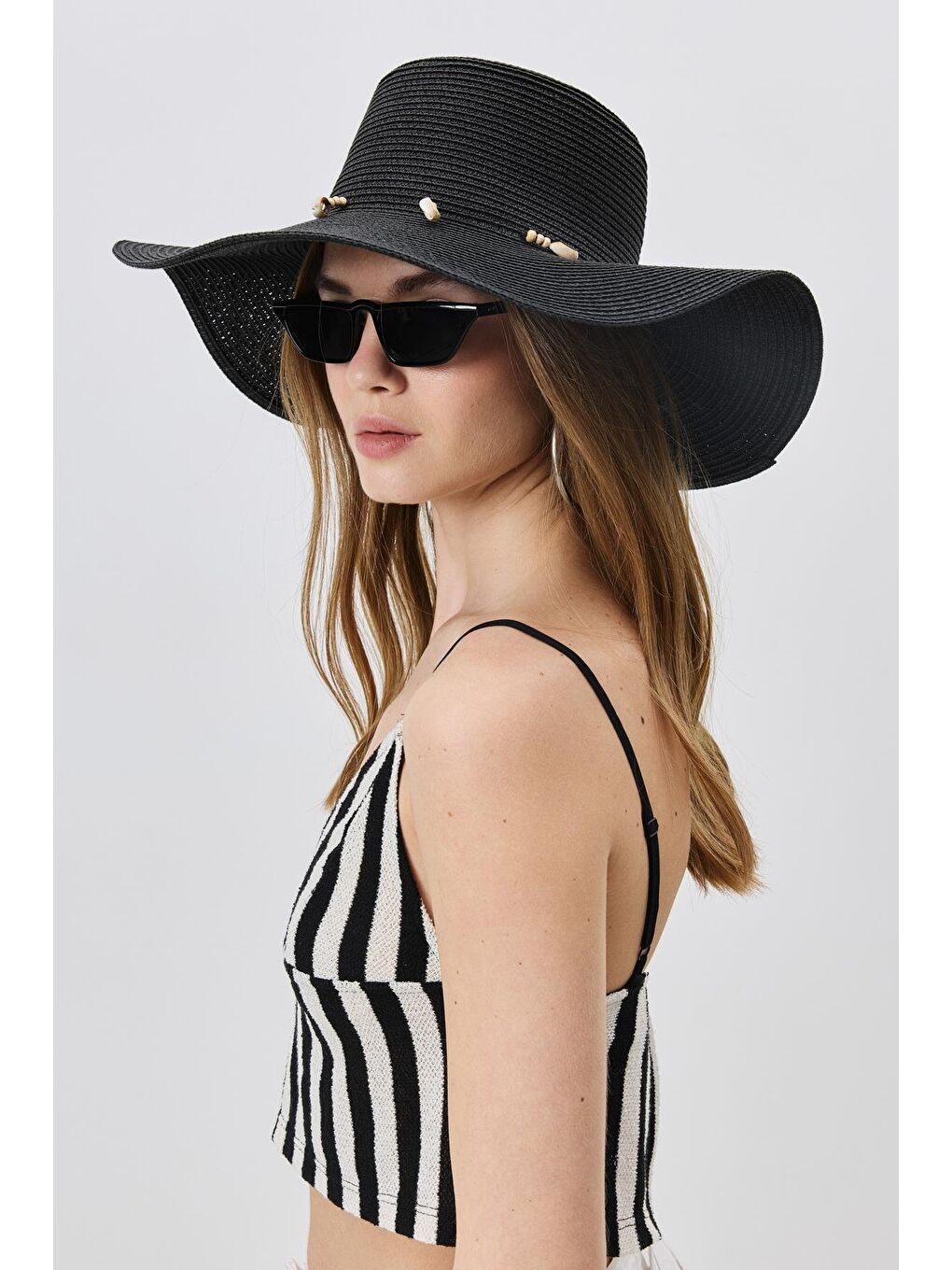 Denizkabuğu Detaylı Geniş Hasır Şapka Y8217 Siyah-2