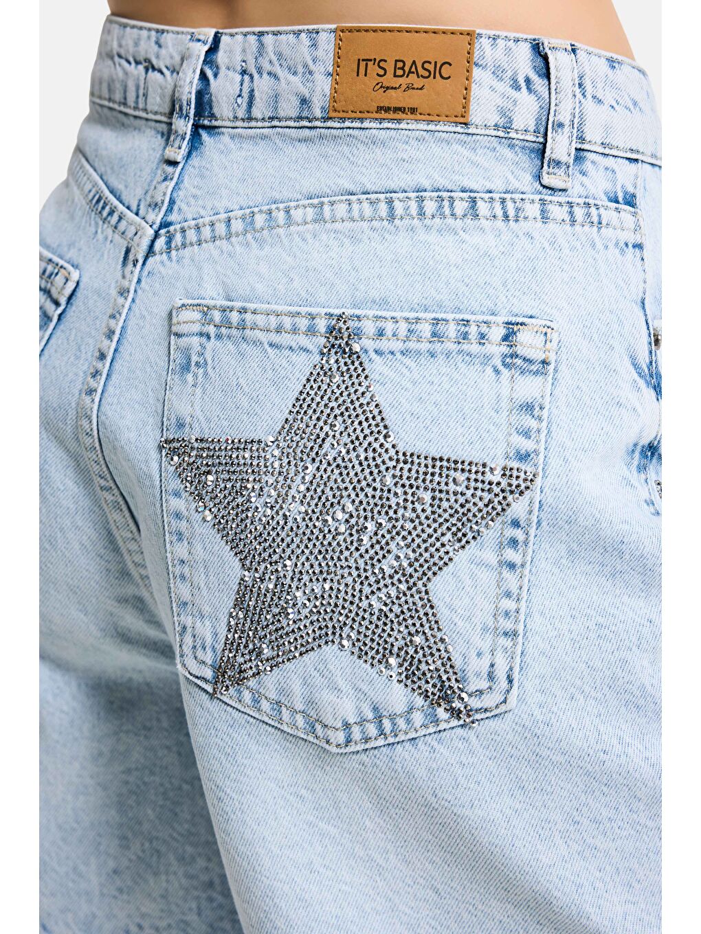 Mavi Kadın Jean Rengi T-4s6-3 Mom Fit Midi Boy Parlak Yıldız Taşlı Özel Tasarım Denim Şort-5