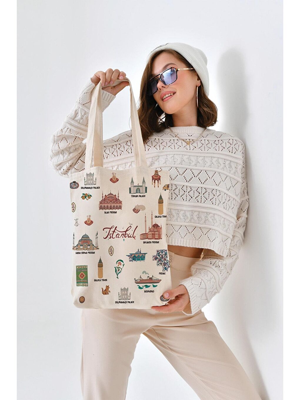 Ekru Kanvas İstanbul Kolaj Baskılı Bez Çanta-1
