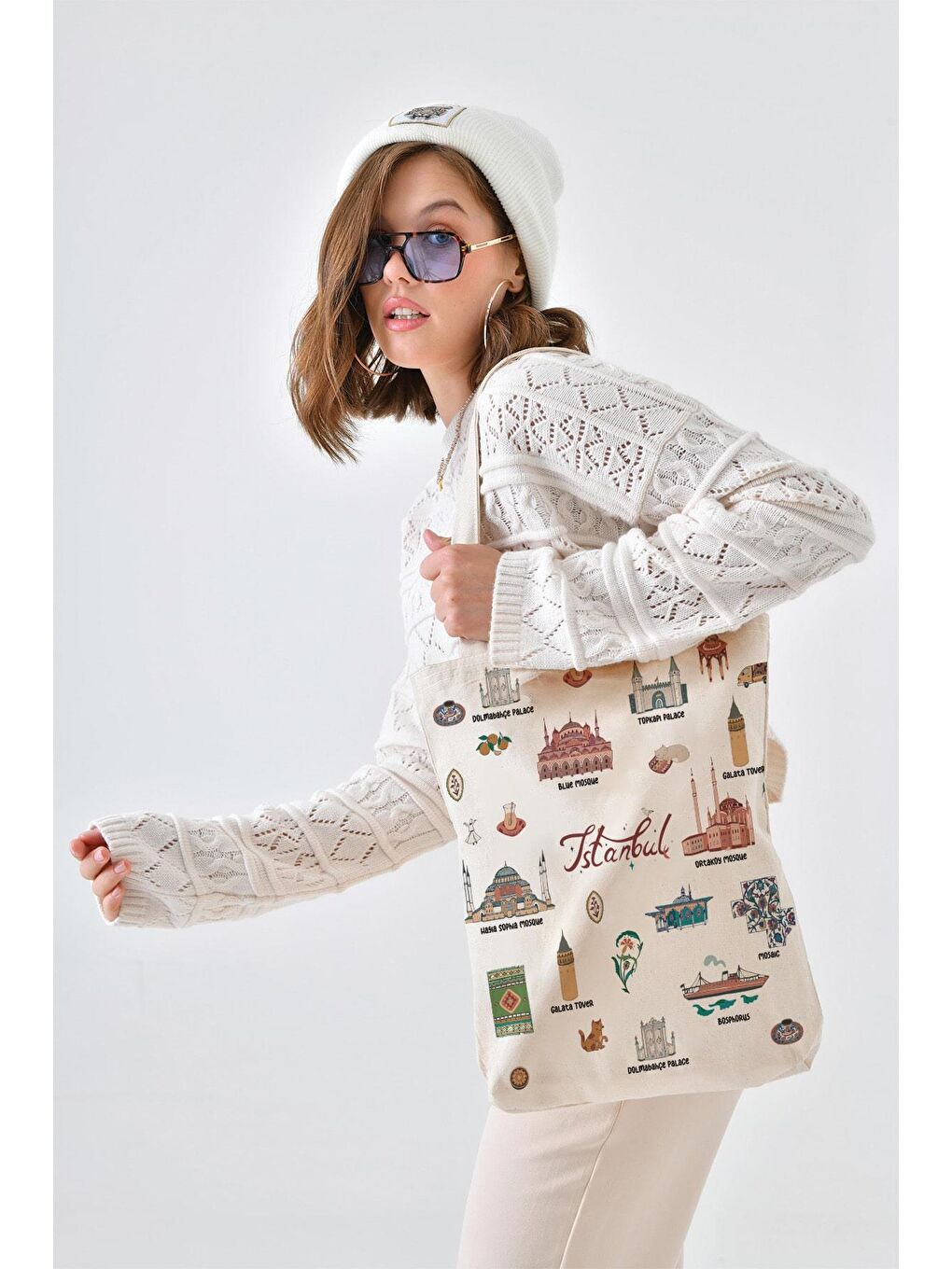 Ekru Kanvas İstanbul Kolaj Baskılı Bez Çanta-2