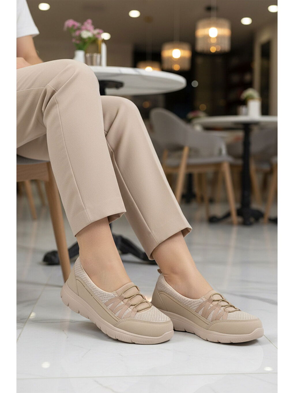 Bej Fileli Hafif Esnek Kadın Günlük Yürüyüş ve Spor Ayakkabı Bst-1009 G-2