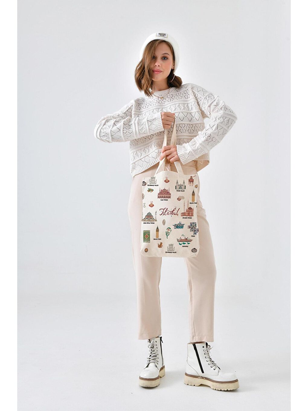 Ekru Kanvas İstanbul Kolaj Baskılı Bez Çanta-4