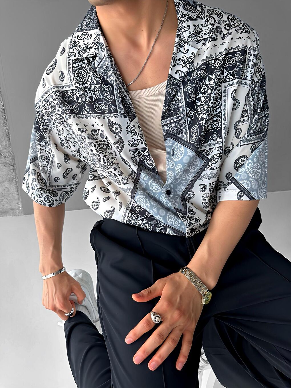 Erkek Oversize Motifli Küba Yaka Kısa Kol Gömlek Haki Yeşil-2