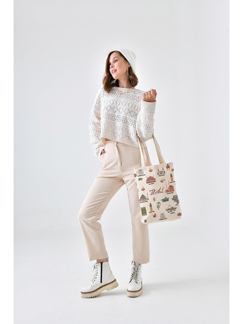 Ekru Kanvas İstanbul Kolaj Baskılı Bez Çanta-6