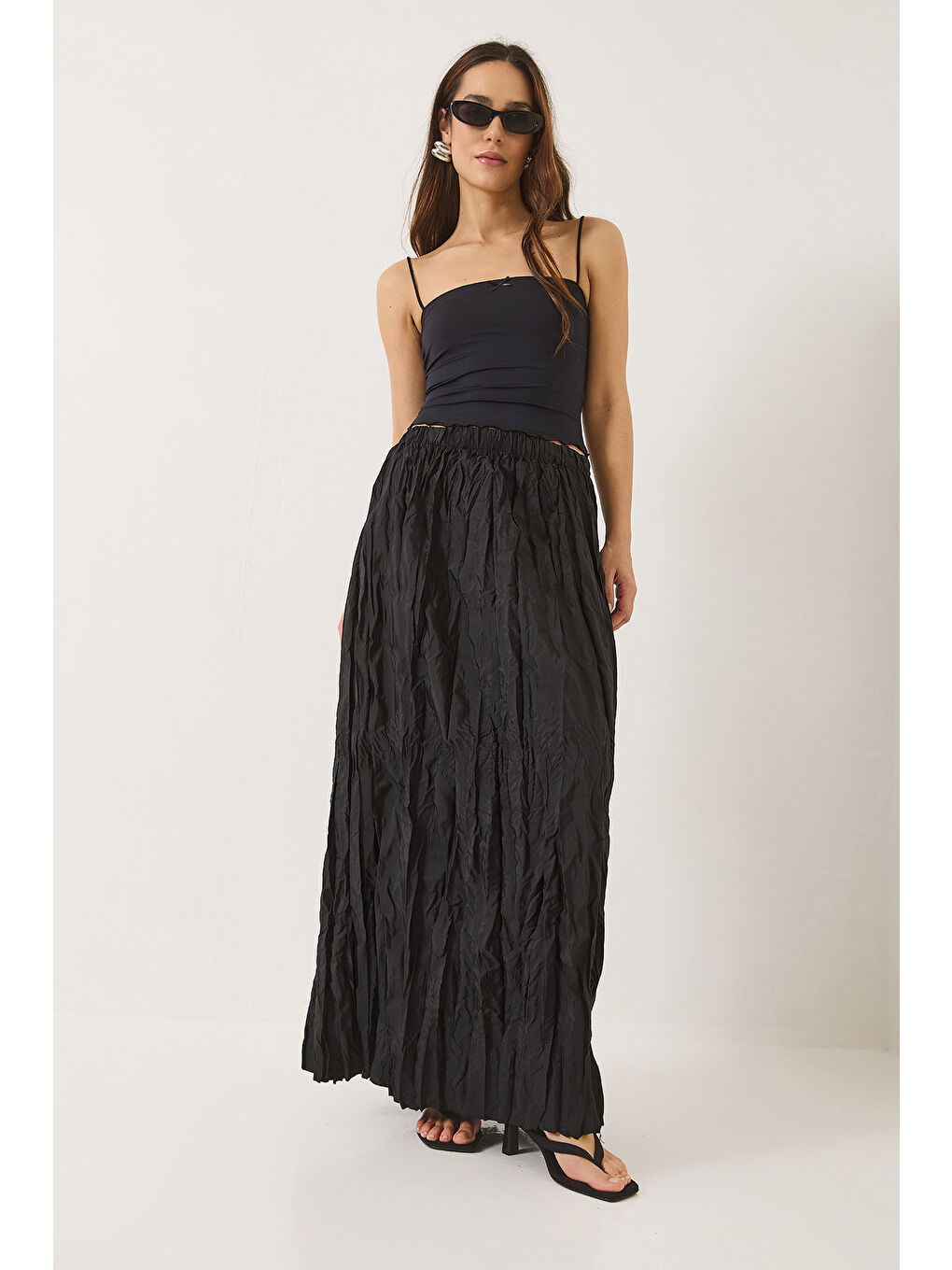 Siyah Kadın Beli Lastikli Crush Efektli Uzun Etek-2