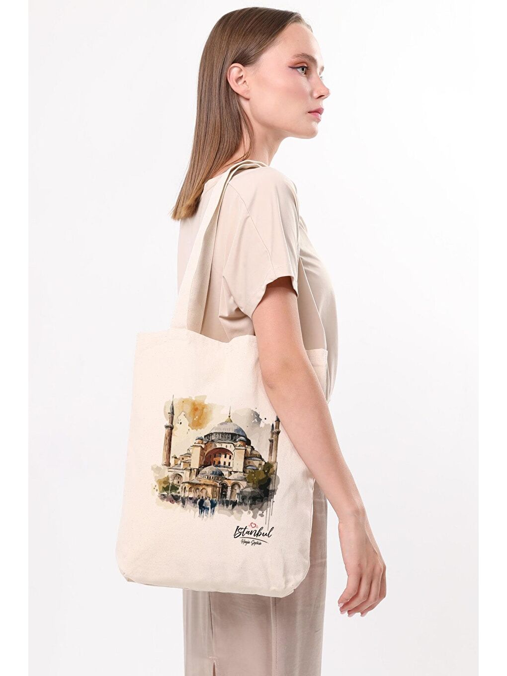Ekru Kanvas Suluboya Efektli Ayasofya Bez Çanta-2
