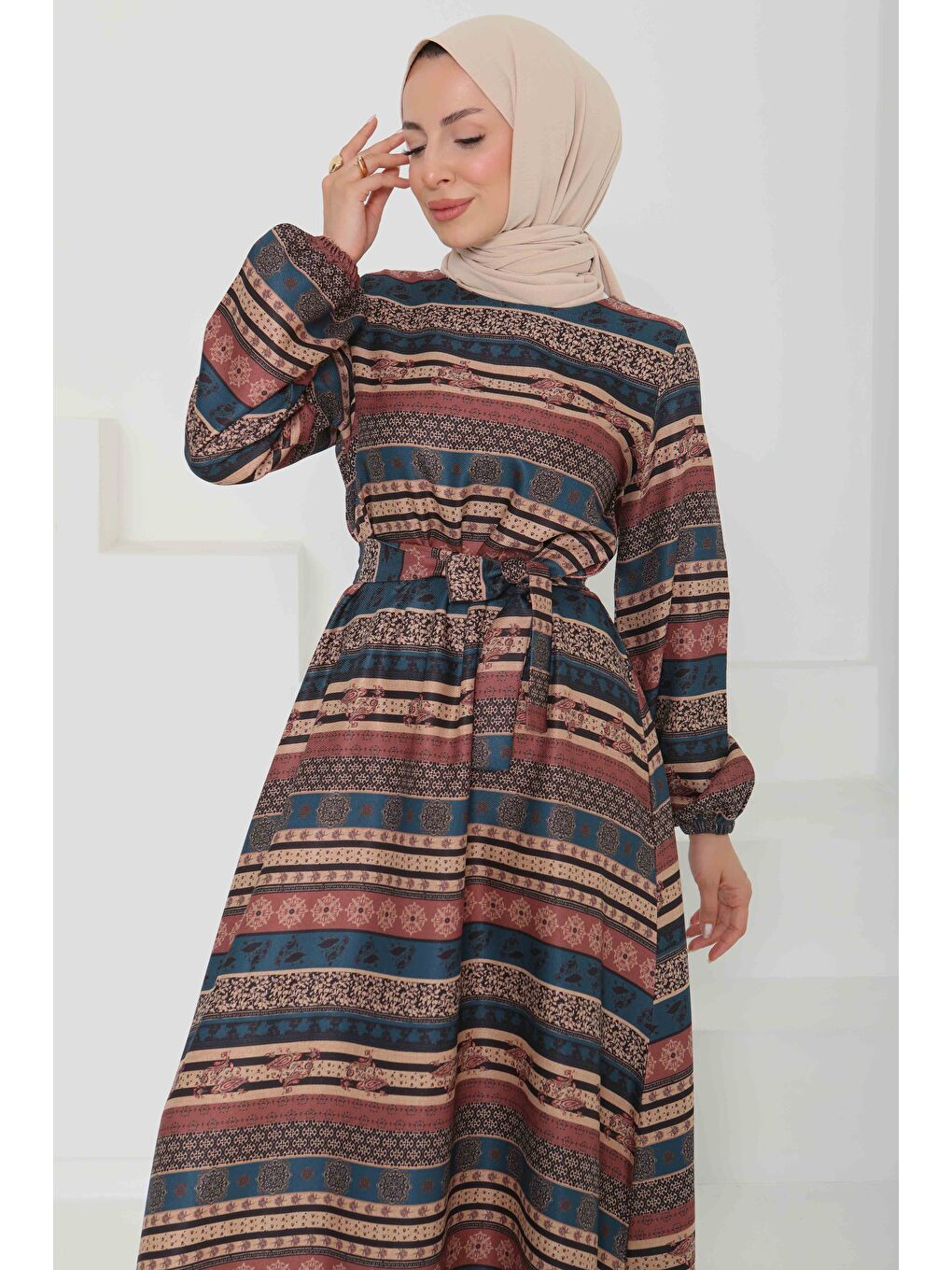 Desenli Kuşaklı Elbise Petrol - 27106