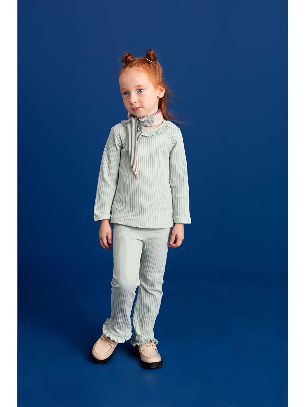 Yeşil Kız Çocuk Fırfır Detaylı Fitilli Alt Üst Takım (3-4 Yaş 8-9 Yaş)