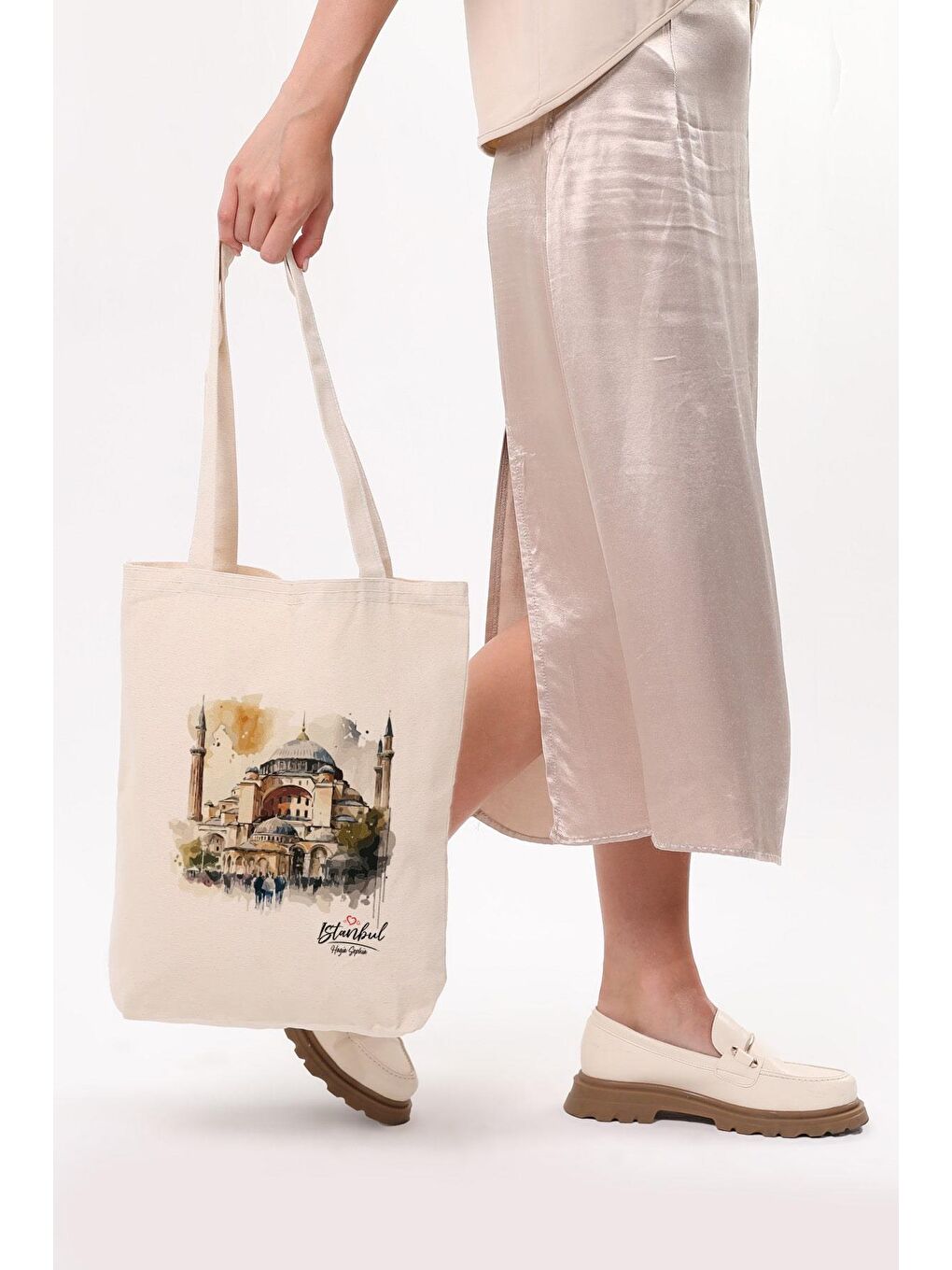 Ekru Kanvas Suluboya Efektli Ayasofya Bez Çanta-4